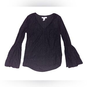White House Black Market Black Lace V-Neck with Long Bell Sleeves